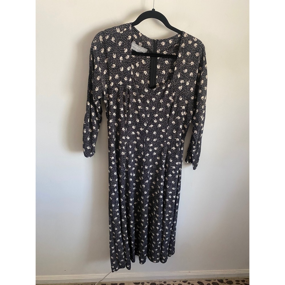 Rabbit Rabbit Los Angeles Vintage 90s Black Floral Midi Dress V-Neck Long Sleeve